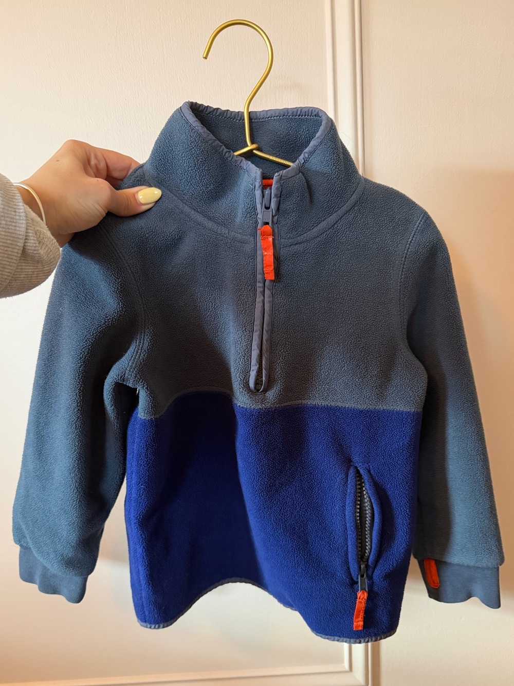 mini boden toddler kids colorblock blue fleece quarter zip pullover jacket